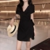 Dora Chaoren Hall Hồng Kông hương vị retro chic bất thường V-Cổ tie ngắn tay khí thanh lịch đầm Váy eo cao