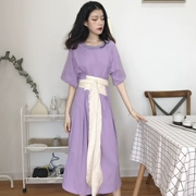 Dora Chaoren Hall Hồng Kông hương vị retro chic vòng cổ đơn giản tie váy màu rắn ngắn tay slim dress nữ mùa hè