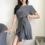 Hàn Quốc sang trọng màu rắn băng eo mỏng ngắn- tay đầm hong kong hương vị thời trang retro mỏng một từ váy phụ nữ đầm xòe