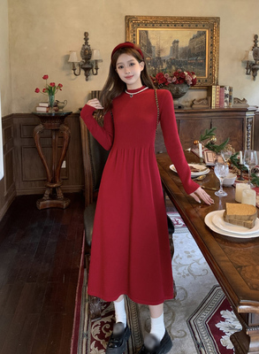 taobao agent Red colored knitted dress, plus size, french style, long sleeve