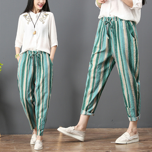 Mùa hè Hàn Quốc phiên bản của các màu sọc dọc cotton và quần linen hậu cung nữ kích thước lớn là mỏng feet cà rốt phần mỏng linen chín quần quần áo nữ mùa hè đẹp