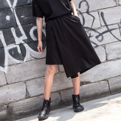 欧美2021春夏新款女装阔腿裤松紧腰不规则显瘦大码宽松大脚裤中裤