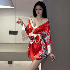 Пижама 格格家 网红主播性感v领显胸日式开衫和服睡裙蝴蝶结系带花朵套装