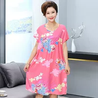 Mùa hè trung niên đồ ngủ phụ nữ cotton lụa mẹ áo ngủ mùa hè tay ngắn phần mỏng kích thước lớn váy cotton nhân tạo - Đêm đầm váy lanh mặc hè