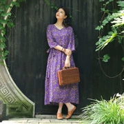 Nian Jiangnan Zen Womens Purple Purple Áo choàng Retro Váy rộng Kích thước lớn Áo choàng cổ chữ V - Váy dài