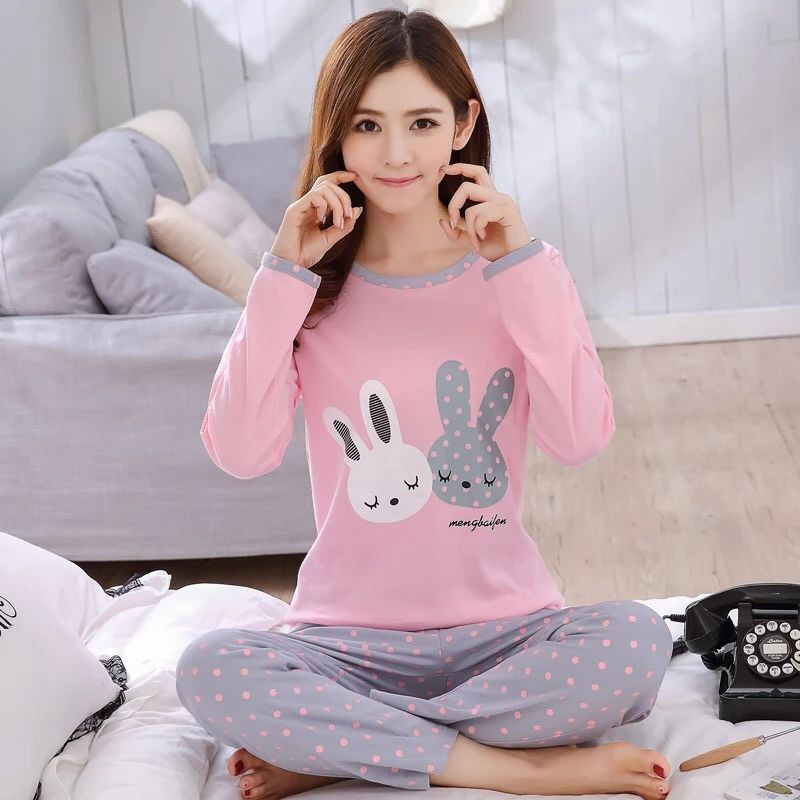 Double Rabbit Long Sleeve Setpajamas female autumn pure cotton Long sleeve Korean version fresh student autumn girl lovely Spring and Autumn leisure wear suit Thin