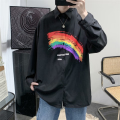 秋季黑底印花長袖襯衫男韓版潮流痞帥設計感小眾痞帥襯衣外穿上衣