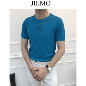 Jiemo mùa hè 10 màu băng lụa nửa tay áo đan ngắn tay T-Shirt nam thanh niên thoáng khí tự trồng căng đáy áo len triều cardigan nam