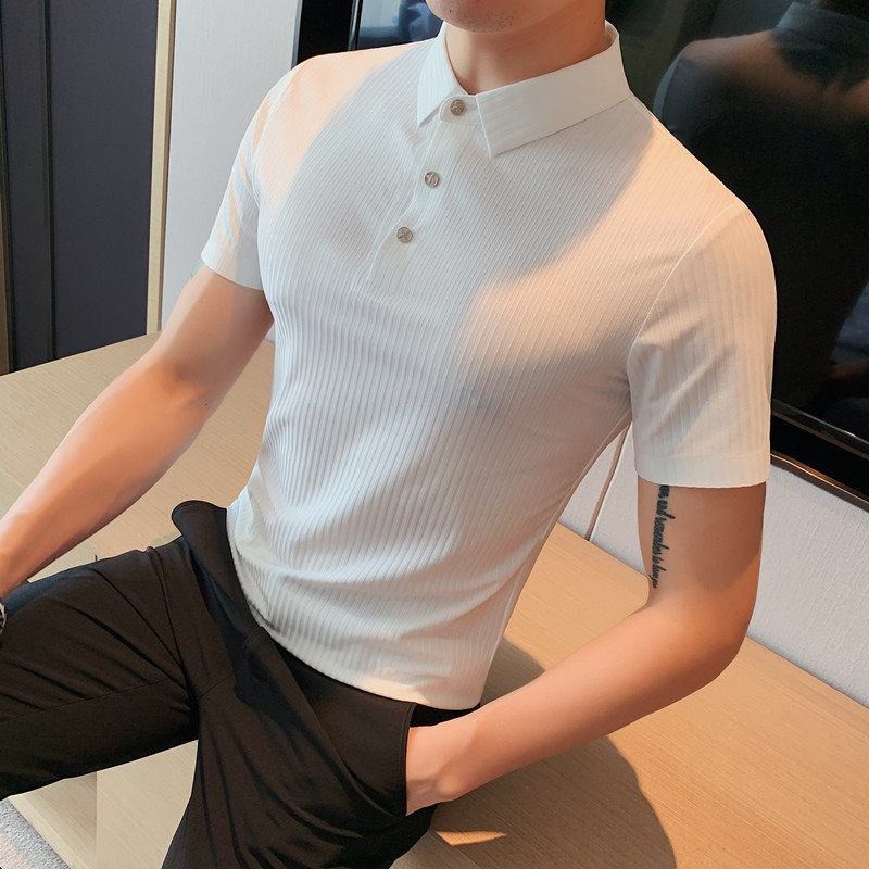 Light luxury summer thin, high-end, seamless embossed short-sleeved Polo shirt for men, slimming striped lapel T-shirt for men Application Scenario