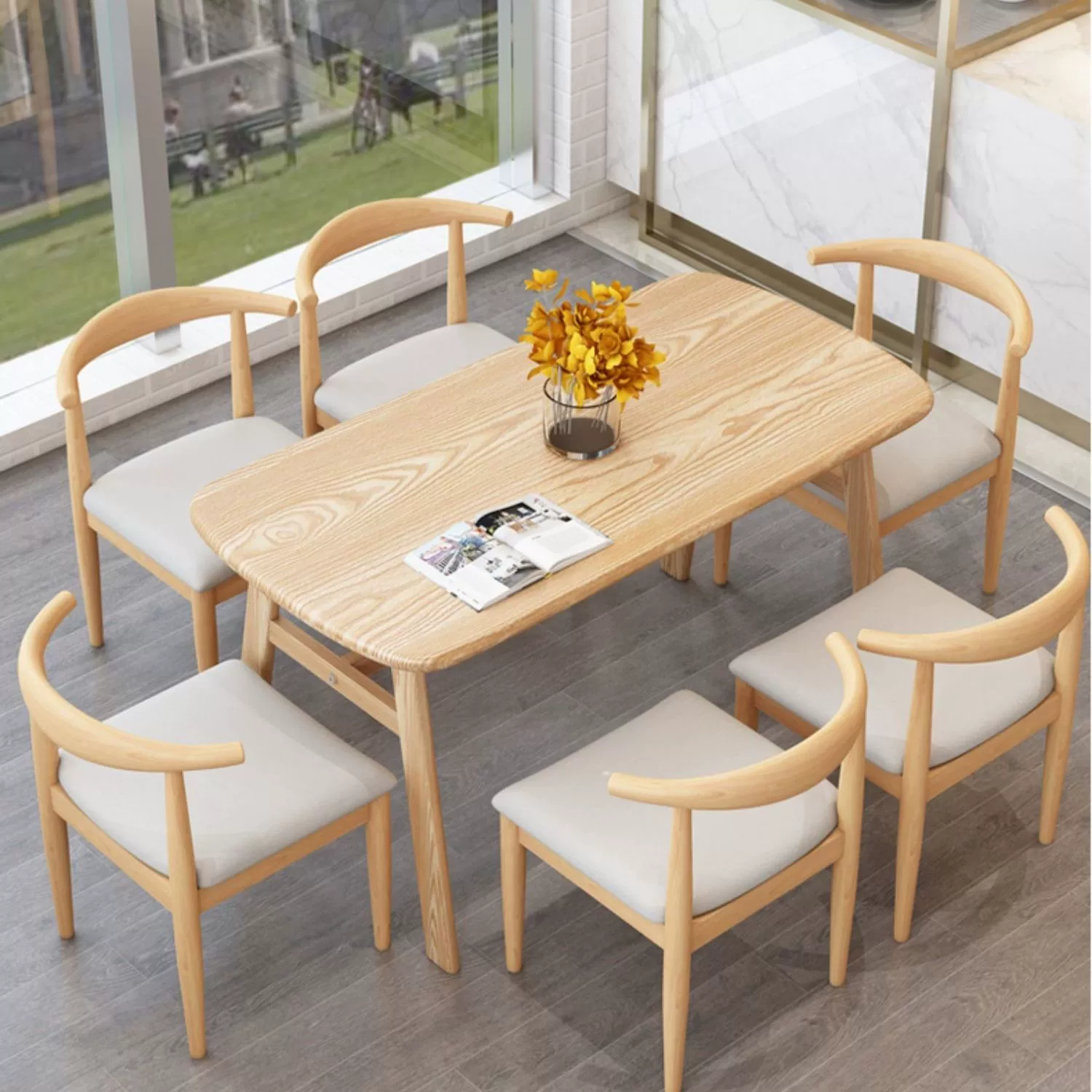 Bàn ăn chung cư nhỏ bàn ăn sắt giả vân gỗ kết hợp bàn ghế nhà hàng Bắc Âu đơn giản bàn ăn hình chữ nhật đơn giản bàn ăn inox bàn ăn tròn 6 ghế 