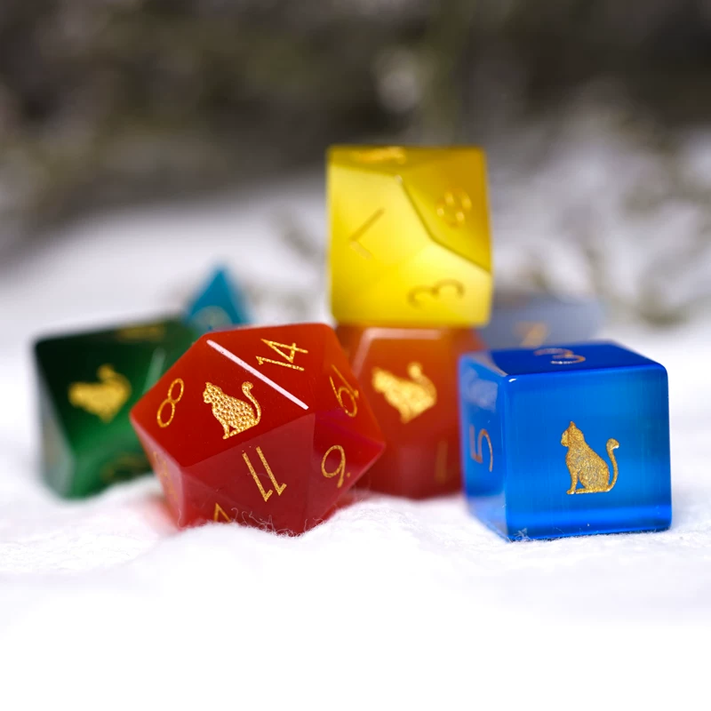 Dice, board game, cat's eye, with gem, full set, custom-made, cat