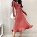 Mùa thu Mới Hồng Kông Phong Cách Retro Slim Ren Cao Eo V-Cổ Dài Tay Áo Dài Váy Gỗ Ear Knit Dress đầm xòe váy đầm