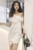 Hàn quốc phiên bản của chic bất thường khâu sọc dọc sương xiên vai xương đòn đơn ngực Slim Một từ ăn mặc nữ mùa hè A-Line Váy