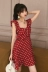 2018 mùa hè Hàn Quốc phiên bản của chic retro sóng điểm V-Cổ xù không tay Một từ cao eo váy mỏng váy nữ