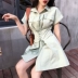 Mùa hè Hàn Quốc phiên bản của ve áo sang trọng hoang dã ngắn tay đơn ngực đầm eo tie giảm béo Một từ váy nữ kiểu đầm xòe A-Line Váy
