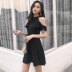 2018 mùa hè mới Hàn Quốc phiên bản của chic solid color hoang dã đứng cổ áo treo cổ strapless xù dress nữ midi váy 	váy chít eo	 Váy eo cao