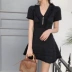 Mùa hè Hàn Quốc phiên bản của gió sang trọng V-cổ mỏng mỏng đơn ngực ngắn tay cao thắt lưng A-line váy đan đầm nữ A-Line Váy