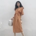 Hàn quốc phiên bản của chic phong cách màu rắn cao eo tẩm váy giản dị lỏng phần dài V-Cổ ngắn tay đầm nữ mùa hè