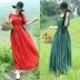 Văn học retro dây rút eo sọc in dài váy cotton lỏng lụa lão hóa thoải mái thở ăn mặc giản dị nữ váy xẻ tà dáng dài Váy dài