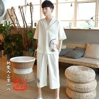 Trung quốc phong cách nút T-Shirt ngắn tay phù hợp với thiền phù hợp với bông linen linen mỏng phong cách Trung Quốc phong cách cổ xưa Tang phù hợp với nam giới quần áo đồ pijama nam