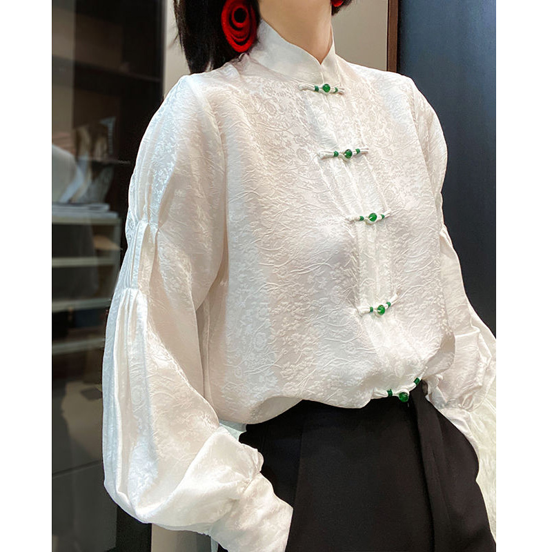 New Chinese-style Silk Shirt Women's Long-sleeved Spring Mid-length National Style Buckle Cardigan High-end Tang Coat Xiangyun Satin Top