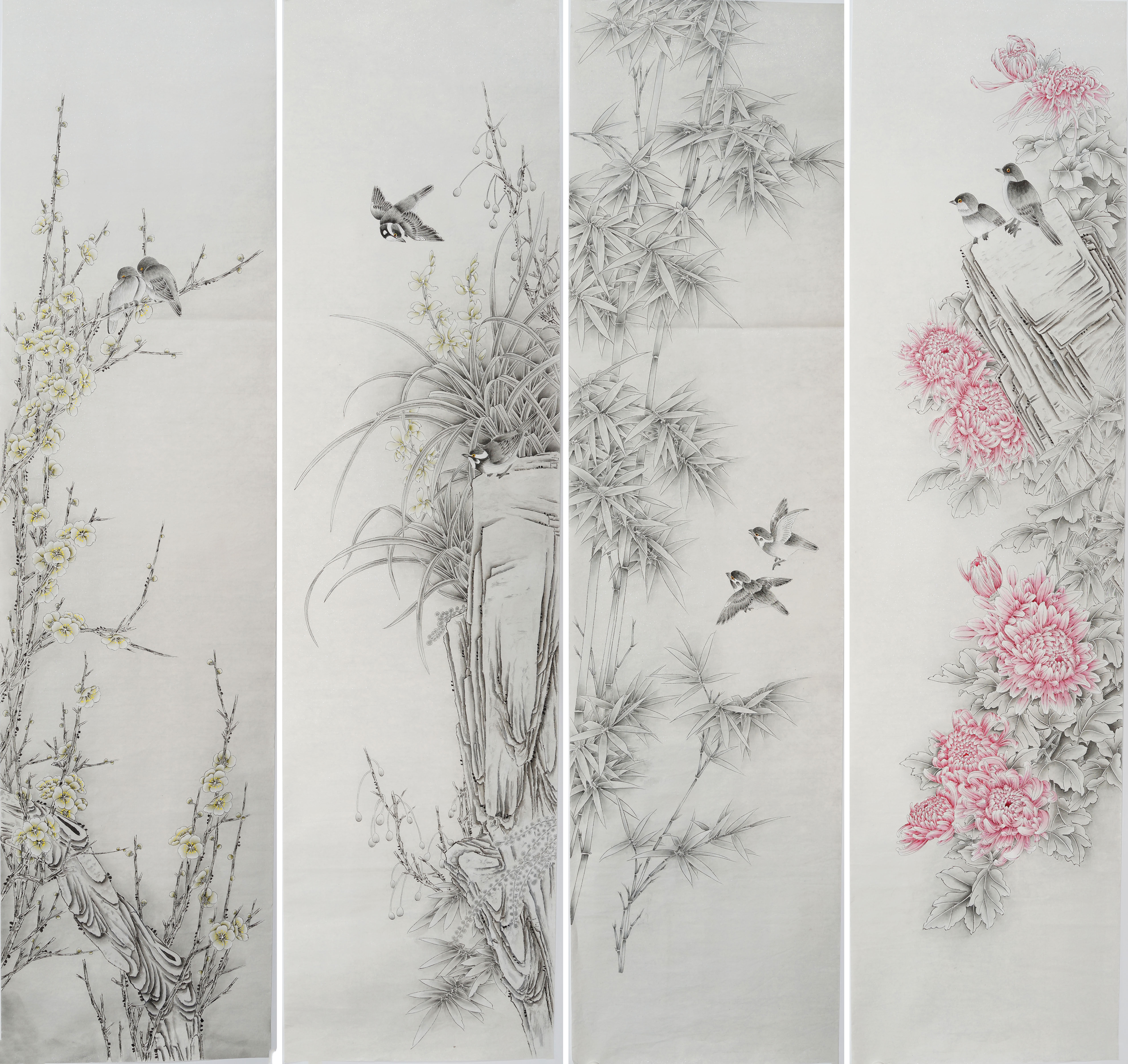 工笔画淡雅梅兰竹菊四扇屏手绘精品国画墨色条屏无款画没题款0441