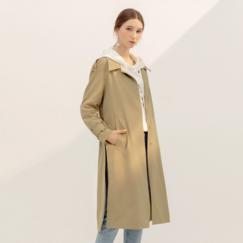 [Cùng một đoạn trong trung tâm thương mại] Tangli của phụ nữ mùa thu mới kaki đơn ngực giữa áo choàng dài giữa áo khoác lông - Trench Coat
