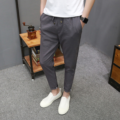 Quần nam cotton và linen quần âu nam Hàn Quốc phiên bản của mỏng mỏng phần linen chín quần băng lụa chân quần siêu mỏng mùa hè quần jean nam cao cấp Crop Jeans