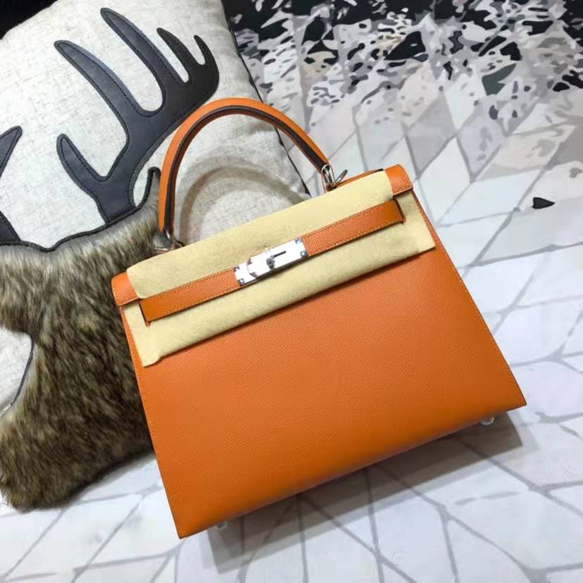 Notes On Orange [Handmade 28Cm] Gold And Silver Clasp2021 Star of the same style H home Kelly bag epsom skin Palmar pattern One shoulder Messenger portable leisure time genuine leather Female bag