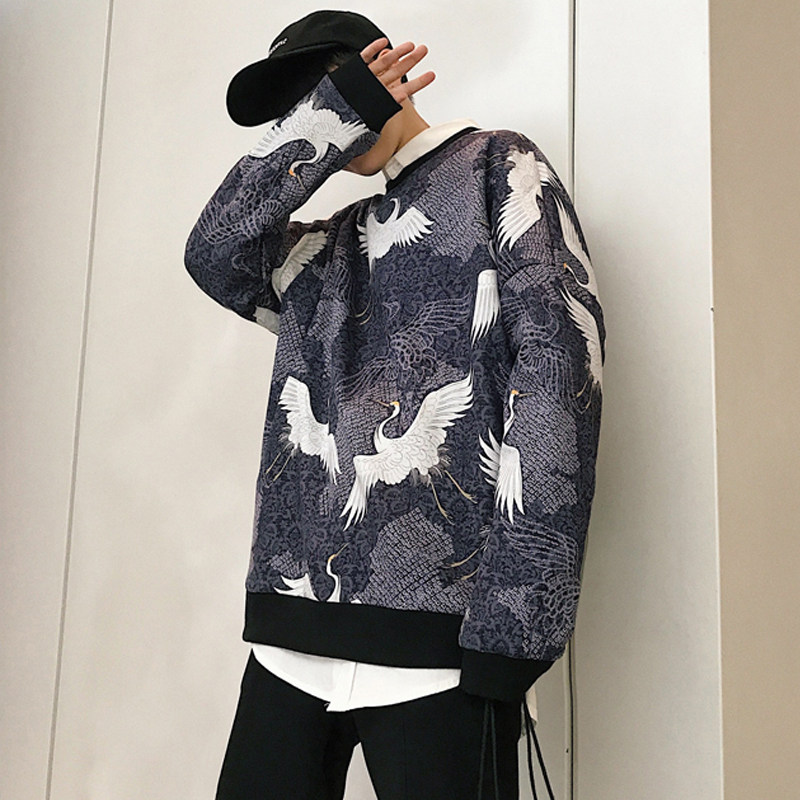 秋冬装大货新款宽松仙鹤圆领长袖套头卫衣休闲上衣外套 w16/p60