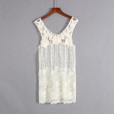 外贸尾单夏季新款女装H型短裙无袖圆领背带裙蕾丝裙连衣裙透视装-淘宝网