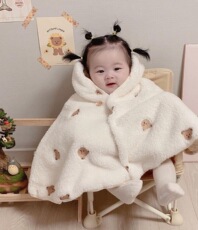 Детская одежда ins韩国冬季婴幼儿可爱卡通连帽斗篷珊瑚绒刺绣宝宝外出防风保暖