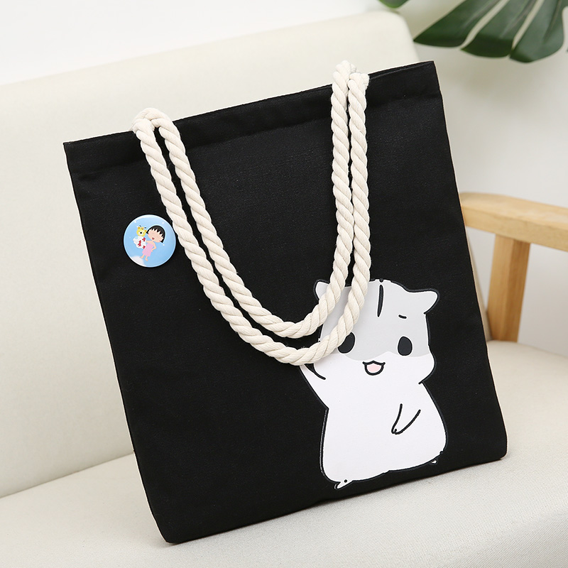 Black Cute Mouse Cotton RopeKorean version Canvas bag female literature The single shoulder bag Simple and versatile handbag like a breath of fresh air student a bag leisure time Cloth bag