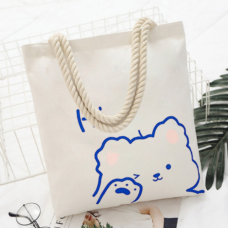 White Hi Bear Cotton RopeKorean version Canvas bag female literature The single shoulder bag Simple and versatile handbag like a breath of fresh air student a bag leisure time Cloth bag