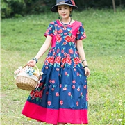 2019 hè mới phong cách quốc gia của phụ nữ kích thước lớn cotton và tấm in lanh khóa trang phục retro nghệ thuật cao eo đầm - Cộng với kích thước quần áo