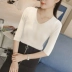 2018 Hàn Quốc phiên bản của năm điểm tay áo băng lụa t-shirt mùa thu phần mỏng Slim mỏng màu rắn V-Cổ tay áo knit đáy áo phụ nữ áo len nữ form rộng Đan Cardigan