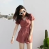 TansSHOP thời trang hè ngắn tay ngắn eo jumpsuit nữ xếp li thon gọn quần short giảm béo quần ống rộng quần đùi bò Quần short