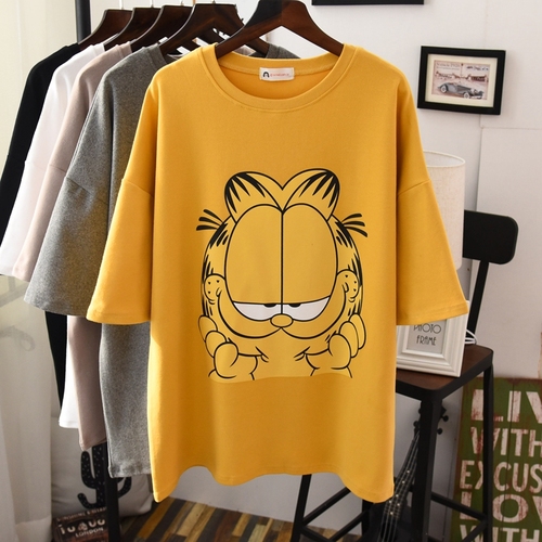 South Korea's new half-sleeved women's rubbery cartoon cat pattern large-size meat-covered cotton loose short-sleeved T-shirt women in autumn and winter