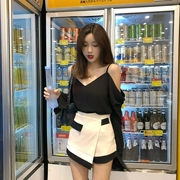 [Muzly] Hàn Quốc in tối đen vô lý off-the-shelf cẩn thận máy T-shirt + cao eo hit màu slim quần short phù hợp với