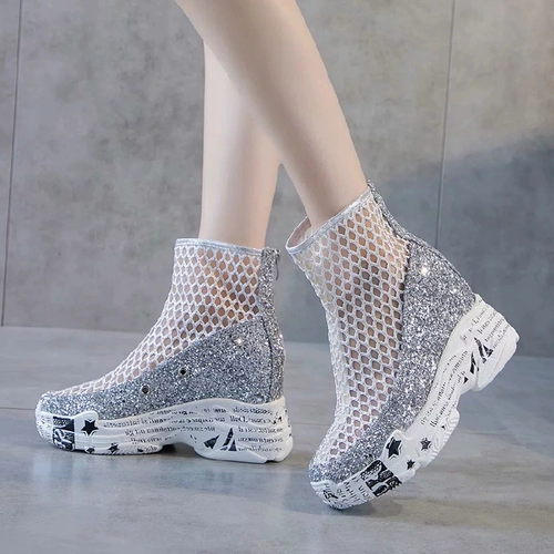 Летние сетчатые дышащие босоножки на танкетке из сетки, универсальные блестящие летние ботинки на скрытом каблуке
