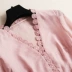 Mùa xuân 2019 mới của phụ nữ hình chữ V cổ áo khâu ren bánh váy đầm voan đầm 092 - Váy eo cao