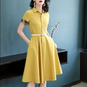 2018 mùa hè mới áo sơ mi ngắn tay là sự nghiệp ol eo váy mỏng trong một chiếc váy dài màu vàng đặt trên một từ lớn