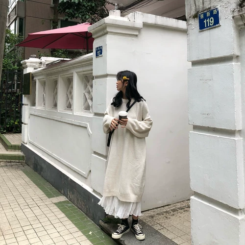 Осенний длинный трикотажный свитер, платье, шифоновая юбка, комплект, средней длины, высокая талия