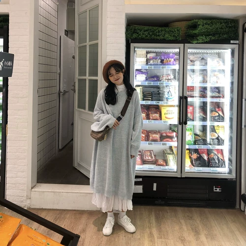 Осенний длинный трикотажный свитер, платье, шифоновая юбка, комплект, средней длины, высокая талия