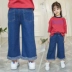 Cô gái jeans trong lớn trẻ em quần chân rộng Hàn Quốc phiên bản của mùa xuân và mùa hè mới chất béo bé lỏng quần trẻ em cắt quần yếm jean cho bé gái Quần jean