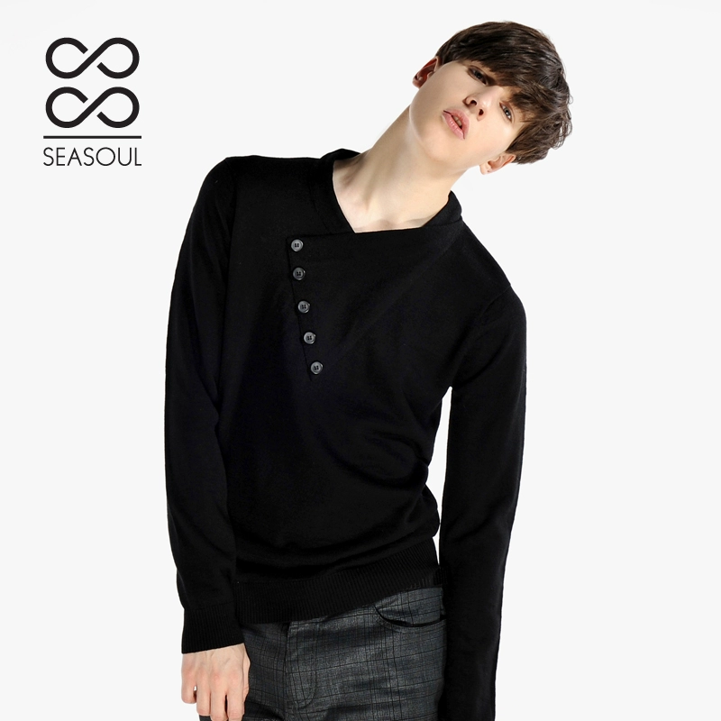 SEASOUL Winter Slim Black Retro V-cổ nam Áo len cardigan Áo len SI04021 - Áo len