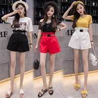 Quần short nữ 2019 hè mới phiên bản Hàn Quốc của quần eo cao thời trang hoa một chữ rộng chân rộng mỏng màu đỏ nóng bỏng quần - Quần short thoi trang cong so