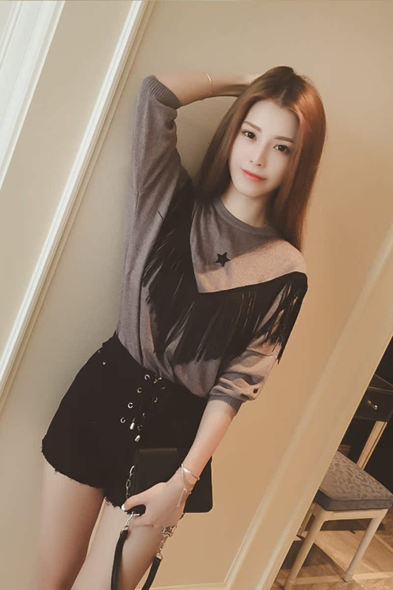 2015 new fall was thin loose round neck sweater hedging Korean temperament fringed long-sleeved shirt female students
