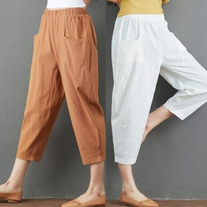 Bông và vải lanh cắt quần nữ chất béo mùa hè mm XL đàn hồi eo quần hậu cung giản dị của phụ nữ lanh mỏng củ cải quần mùa xuân