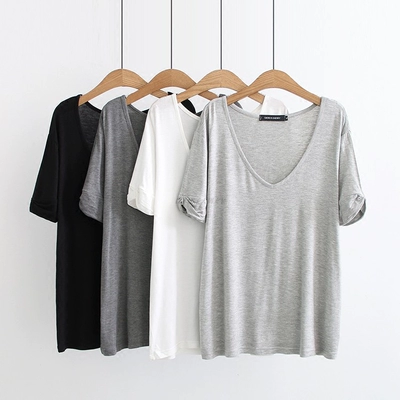 18夏装胖MM加大码宽松显瘦莫代尔低胸V领短袖T恤打底衫百搭上衣女-淘宝网